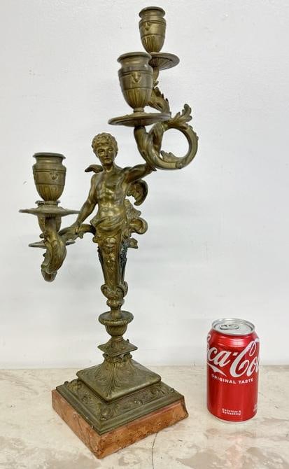 Wonderful bronze figural man with wings candelabra on marble base, has (4) urn shaped candle (1 of 4)
