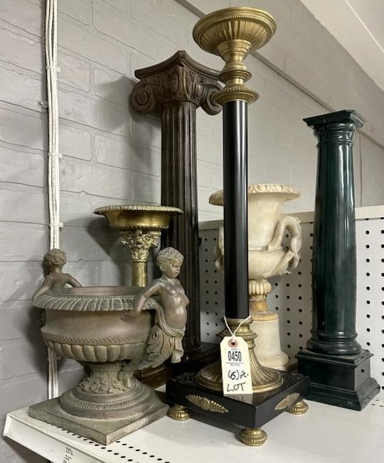 Lot of (6) decorative objects from estate in Chester, N.Y. pedestals, candleholder, urn and green: Lot of (6) decorative objects from estate in Chester, N.Y. pedestals, candleholder, urn and green column (small chip), tallest measures 26" high to show scale, nice lot for a dealer….