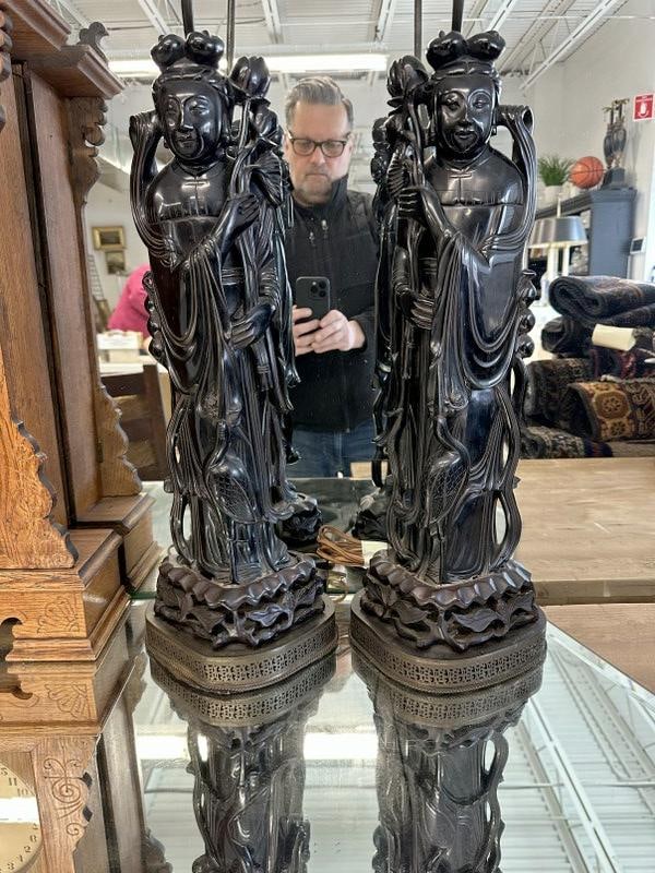 Magnificent pr. Asian figural lamps measuring 36" high to the finial, ( figures are cherry amber or (1 of 4)