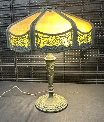 Very nice circa 1900 large slag glass shade table lamp, with magnificent bronze decorative base, (1 of 14)
