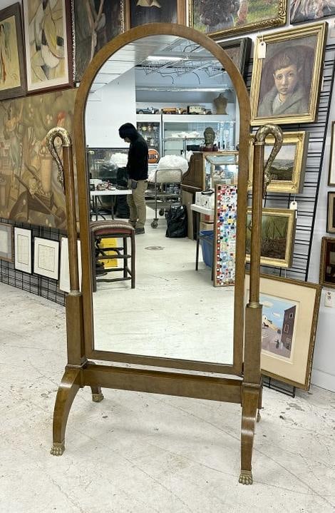 Wonderful Biedermeir cheval mirror with gilt carved swan heads on columns, birdseye (1 of 6)