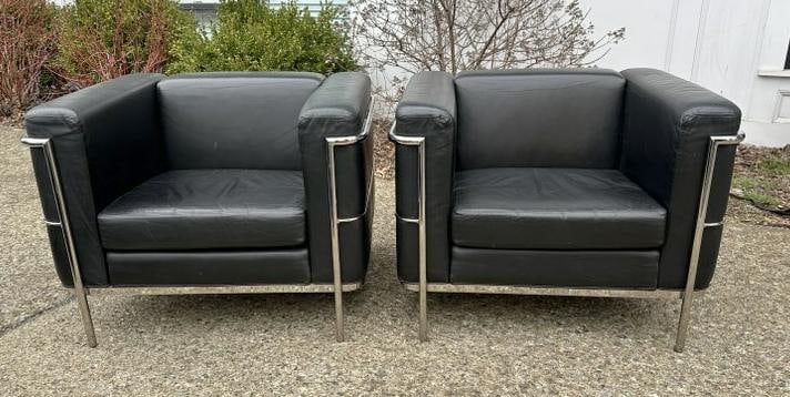 Pr. JACK CARTRIGHT vintage black leather & chrome club chairs ( lounge chairs ), with tags (1 of 7)