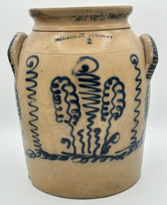 Wonderful decorated 2 gallon stoneware crock ( N. CLARK JR. ATHENS N.Y. ) with illegible KINGSTON NY (1 of 9)