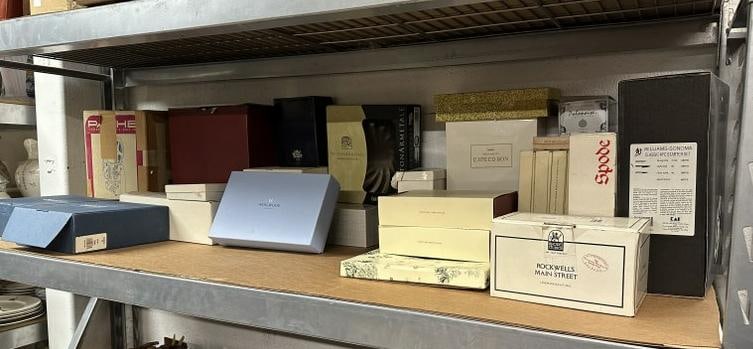 Estate shelf lot older and not so old items in original boxes, includes Waterford, Villeroy & Boch, (1 of 13)