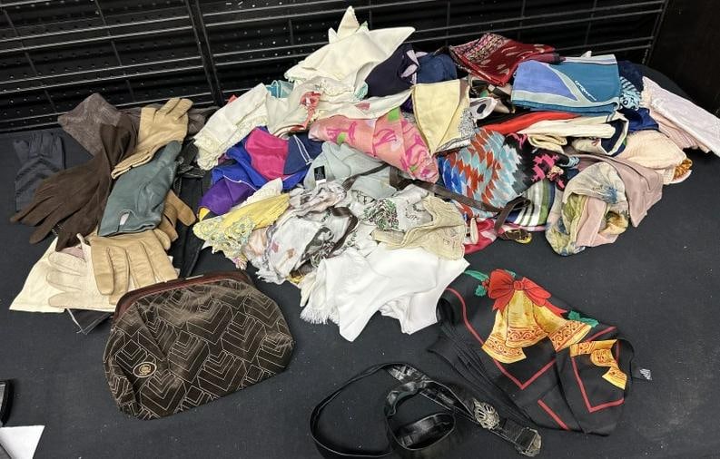 Big estate lot LADIES scarves ( most silk ),belts, some with cool buckles, gloves including never: Big estate lot LADIES scarves ( most silk ), including (1( CHANELbelts, some with cool buckles, gloves including never worn kid leather, a few purses, some embroidery pieces, tin of buttons, etc. GREA