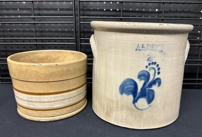 (2) pc. Country lot A K BALLARD ( BURLINGTON VT.) 2 gallon decorated crock ( has some light flaking: (2) pc. Country lot A K BALLARD ( BURLINGTON VT.) 2 gallon decorated crock ( has some light flaking on back and white on inside ) & yelloware bowl with hairline and light chips on bottom rim.