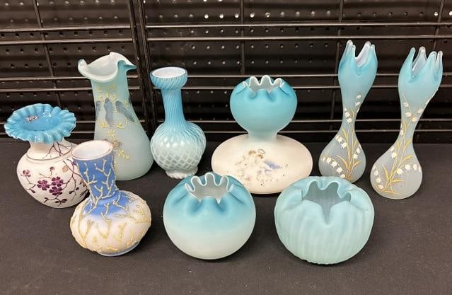 Estate lot (9) pcs. Decorative blue glassware, includes satin glass, and cased glass. All in very (1 of 6)