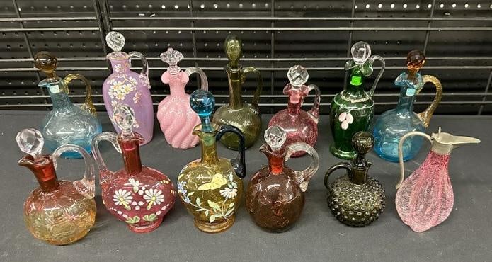 Estate lot (13) early decorative glass cruets, some handpainted, overall very nice estate condition. (1 of 6)