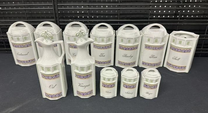 (3) old cannister sets in very nice estate condition, ( one set has a few minor chips, (3) lids (1 of 14)