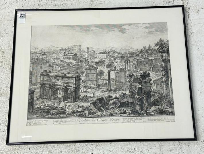 Nicely framed engraving ( VEDUTA DI CAMPO VACCINO ), in blackmetal frame, matted, print measures 16": Nicely framed engraving ( VEDUTA DI CAMPO VACCINO ), in blackmetal frame, matted, print measures 16" x 22", the frame measures 21.5" x 27". From local estate.