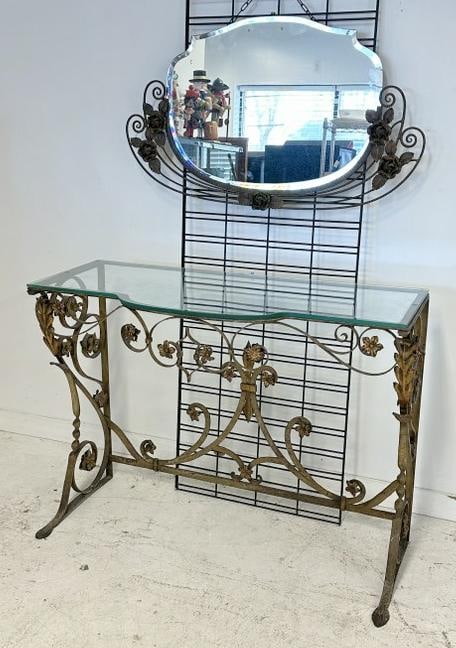 Wonderful decorative iron console table with hanging mirror, from fine Westchester County, N.Y. (1 of 9)