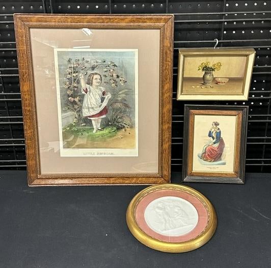 Estate lot (4) framed older pieces to include (LITTLE SUNBEAM by Currier & Ives ), small still life (1 of 6)