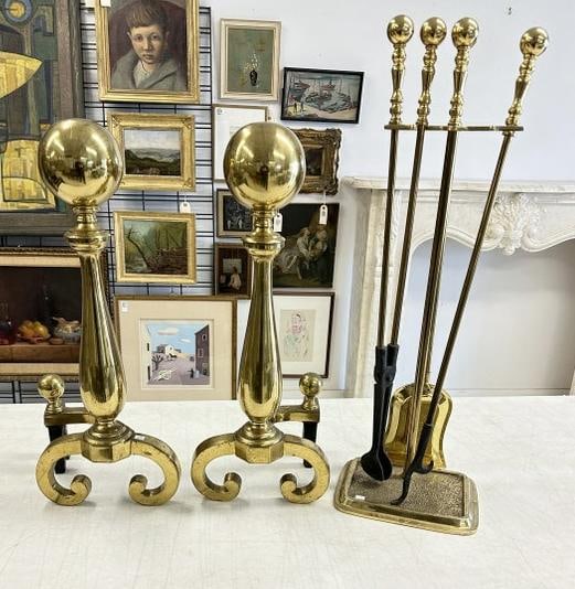Pr. Old brass 24" high andirons & fireplace tools on stand, from older estate in Hudson Valley. Very (1 of 4)