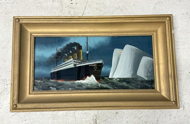 TITANIC reverse painting on glass, in frame of the period. In overall nice condition, from Albany,: TITANIC reverse painting on glass, in frame of the period. In overall nice condition, from Albany, N.Y. estate. Painting measures 18" x 32". Frame measures 24" x 39".