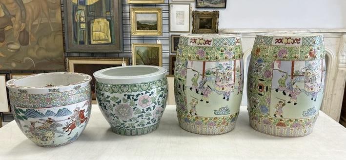 (4) pc. ASIAN lot ( NON ANTIQUE ) to include (2) jardinaires and matched pair of garden seats. All (1 of 5)