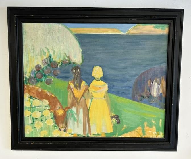 Hans Ollgaard (1911 - 1969 ) o/c impressionist landscape with (2) woman looking out at sea, (1 of 4)