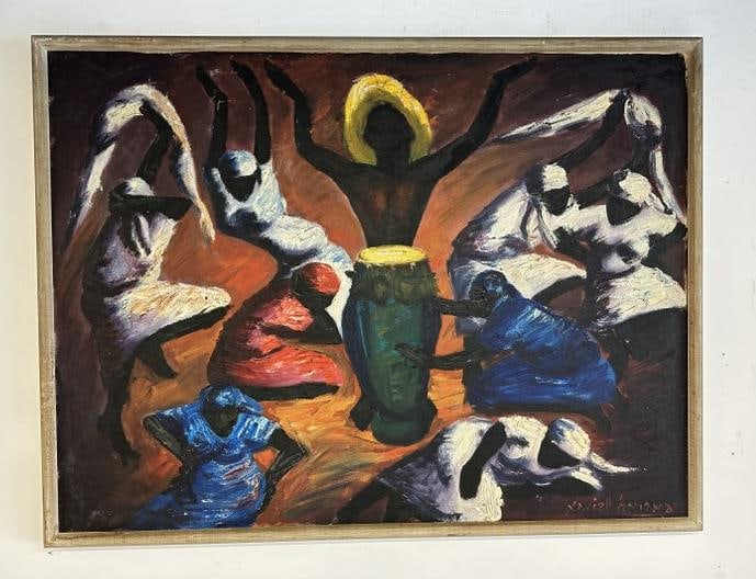 Xavier Amiama (1910 - 1969) o/c with man playing drum and women dancing, signed lower right, from (1 of 4)