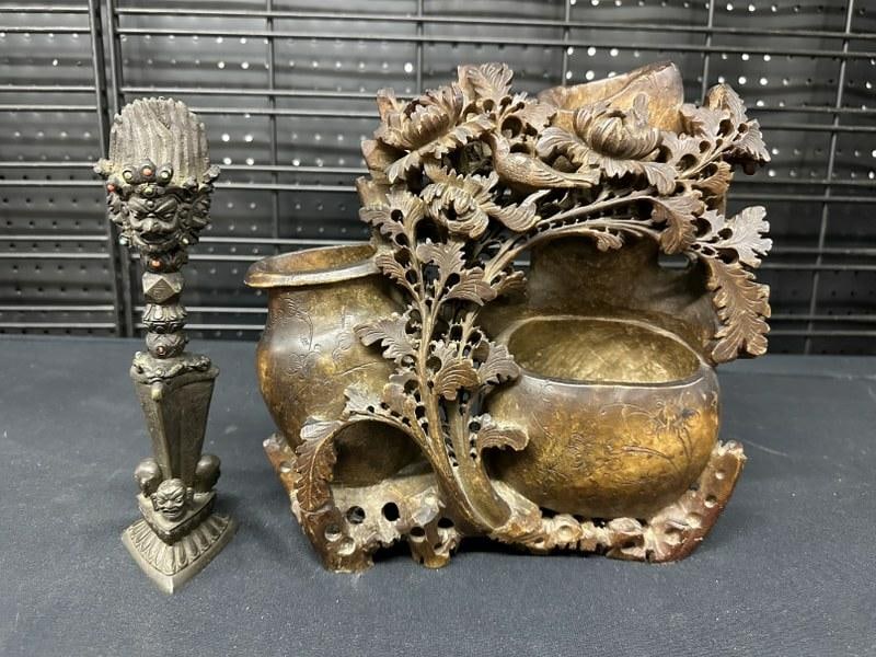 (2) pc. Estate lot to include 11" high soapstone carved vase & (3) sided dagger (?) on stand with (1 of 7)