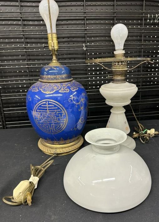 (2) estate lamps including Asian ginger jar base & blown glass Victorian, with shade. Just as we (1 of 5)