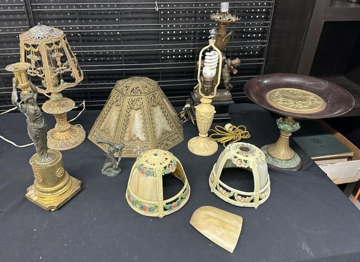 Misc. estate lot of lighting, figural bronze woman candeholder, contemporary bronze compote, slag (1 of 13)