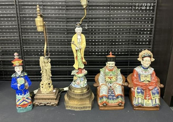 Estate ASIAN lot with ceramic figures, figural porcelain woman table lamp & figural soapstone (1 of 6)