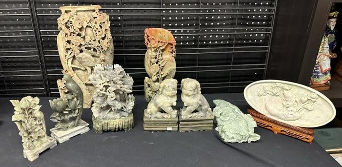 Estate lot ASIAN pcs. To include 14.5" high soapstone vase, Foo dogs, and more as pictured. Good lot (1 of 8)