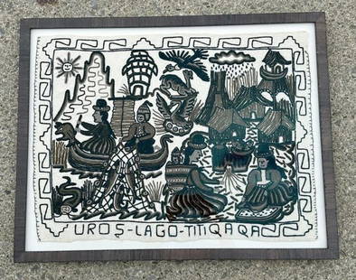 Hand embroidered framed textile ( UROS LAGO - TITQAQA ) from local estate, nicely framed. Measures: Hand embroidered framed textile ( UROS LAGO - TITQAQA ) from local estate, nicely framed. Measures 31.5" x 39.5", very nice condition.
