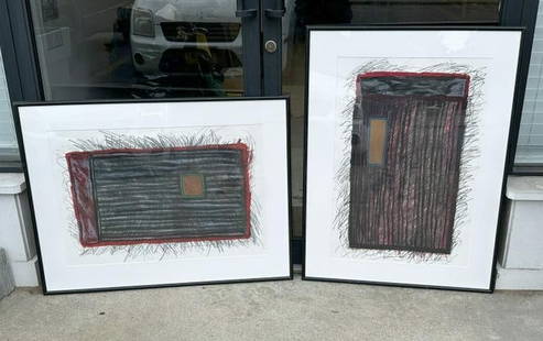 (2) illegibly signed abstract pastel and pencil drawings in matching frames ( looks like dated 1986: (2) illegibly signed abstract pastel and pencil drawings in matching frames ( looks like dated 1986 ? ), frames measure 39" X 30", one is horizontal, other is vertical.