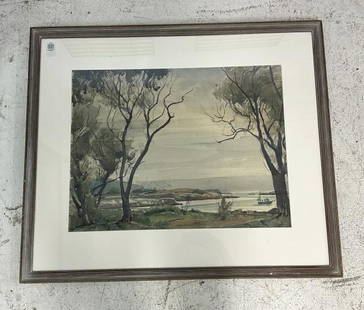 William Lester Stevens (1888 - 1969) large signed watercolor landscape with water in foreground.: William Lester Stevens (1888 - 1969) large signed watercolor landscape with water in foreground. Signed lower right, in nice estate condition. Watercolor measures 20" x 26", the period oak washed