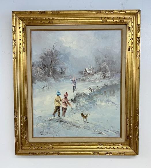 Marie Charlot (20th Century) was active/lived in France.  o/c Winter landscape with reople walking (1 of 3)