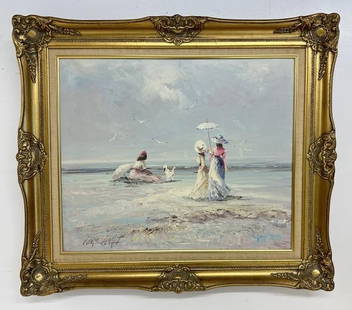 Marie Charlot (20th Century) was active/lived in France. o/c beach scene with (3) people looking: Marie Charlot (20th Century) was active/lived in France. o/c beach scene with (3) people looking out at sea, signed lower left. Painting measures 20" x 24", the frame measures 27" x 31". In fine