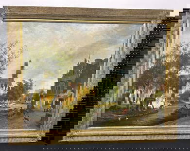 Large decorative 20th c o/c Venetian canal scene, with people by a boat docked, unsigned, from: Large decorative 20th c o/c Venetian canal scene, with people by a boat docked, unsigned, from estate in Chester, N.Y. The painting measures 36" x 48". The frame measures 46" x 57". In nice estate