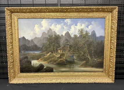 Large 19th c Continental landscape signed illegibly ( FR. RODER? ). In gold frame of the period.: Large 19th c Continental landscape signed illegibly ( FR. RODER? ). In gold frame of the period. From fine estate in Chester, N.Y. Painting measures 27" x 42", the period frame measures 35" x 49.5".