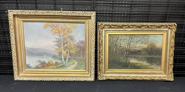 (2) older o/c landscapes, both signed illegiby as pictured. From fine Chester, N.Y. estate. They: (2) older o/c landscapes, both signed illegiby as pictured. From fine Chester, N.Y. estate. They measures 16" x 20" & 12" x 18", frames measure 22" x 26" and 19" x 25". Overall nice estate condition.