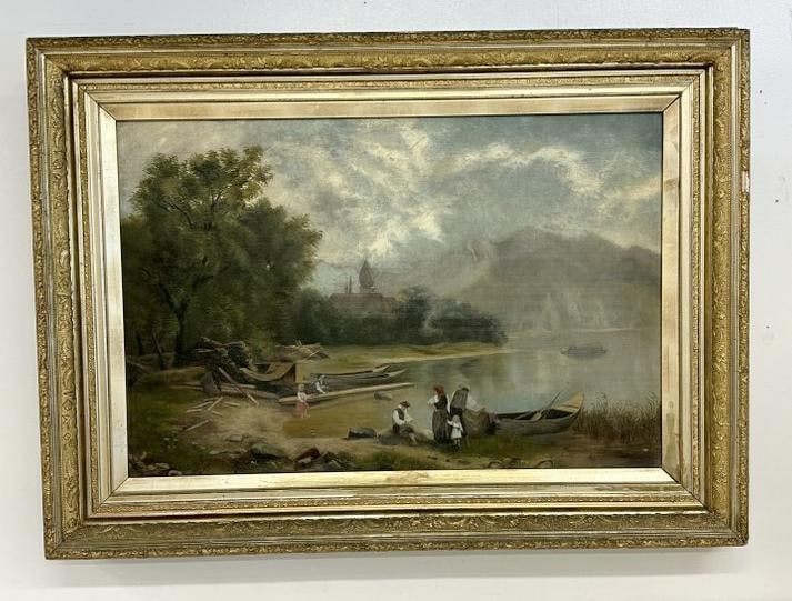 19th c o/c landscape with water in foreground, people and boats, mountains and building in (1 of 5)