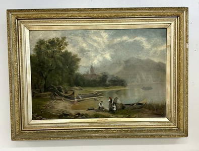 19th c o/c landscape with water in foreground, people and boats, mountains and building in