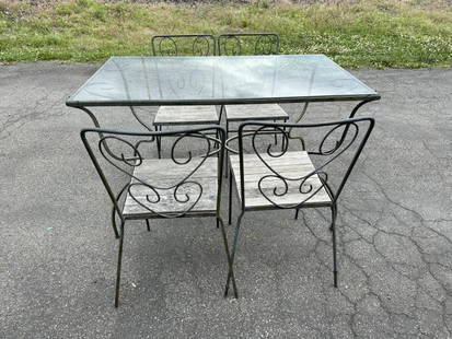 Circa 1950's rectangular iron outdoor table with (4) chairs, wonderful patina, glass top intact,: Circa 1950's rectangular iron outdoor table with (4) chairs, wonderful patina, glass top intact, seats could use some new fabric. Table measures 48" x 29".