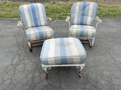 (2) older iron spring chairs with ottoman, from local estate, some rust to finish, structurally: (2) older iron spring chairs with ottoman, from local estate, some rust to finish, structurally sound.