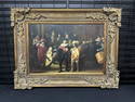 Large contemporary o/c painting with people in arms and some with rifles, unsigned, in fancy frame.