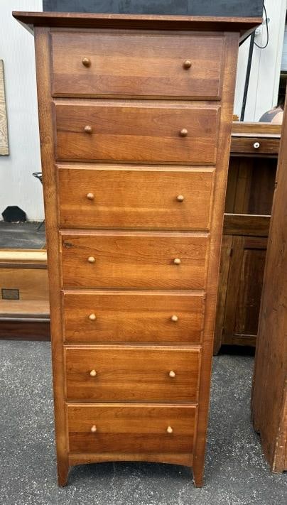 Contemporary 7 drawer narrow cherry chest in shaker style, from JD Cohen furniture company, (1 of 2)