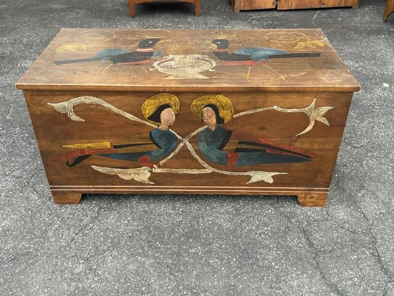 Contemporary folk art painted storage chest with scenes on the sides, front and top, probably done (1 of 5)
