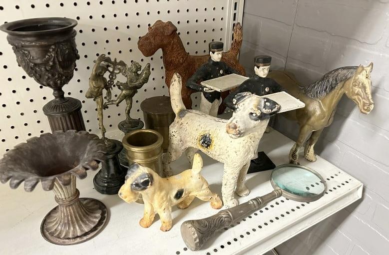 Estate lot misc. metalware, includes bronze urn, doorstops, some older, some newer, and other misc.: Estate lot misc. metalware, includes bronze urn, doorstops, some older, some newer, and other misc. metalwares, great lot for dealer to sort out…..