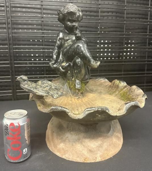 Cast iron figural bird bath with child, measures 17" high x 14" across the center, from Hudson (1 of 5)