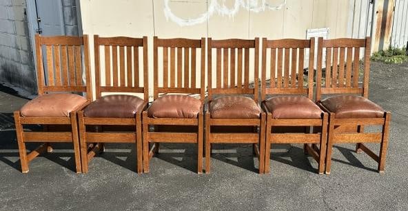 6 contemporary mission oak chairs, structurally sound, all seat cushions have scratches and would (1 of 5)