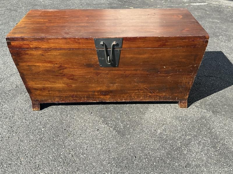 Mahogany lift top storage chest, with handles, clean, structurally sound, from local estate.: Mahogany lift top storage chest, with handles, clean, structurally sound, from local estate. Measures 38"w x 18" d" x 18" high.