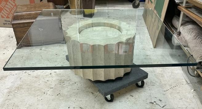 Mid Century travertine base coffee table with thick plate glass top, from local estate, table is in (1 of 5)