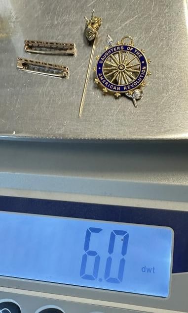 Estate gold lot includes (4) pcs. 14K (weighing 6.0 pennyweights to include devil head stick pin, 2 (1 of 4)