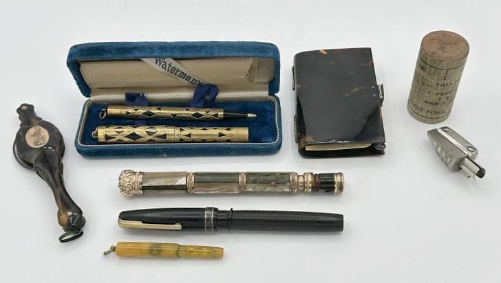 Dresser drawer estate lot to incl. Watermans gold filled set in box with tips, Eagle pencil (1 of 5)