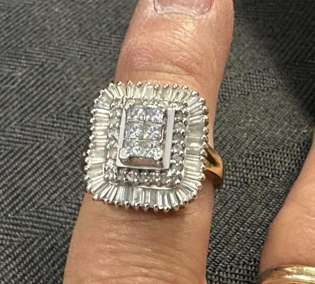 14K ladies cocktail ring with diamonds all the way around & in center, yellow gold band, weighs 4.6 (1 of 6)