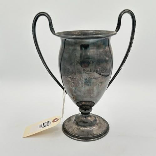 Circa 1900 trophy, inscribed ( DONATED BY Judge Ballenbeck, Catskill Station, N.Y. Silverplate, nice: Circa 1900 trophy, inscribed ( DONATED BY Judge Ballenbeck, Catskill Station, N.Y. Silverplate, nice old patina, no damage, measures 9" high.